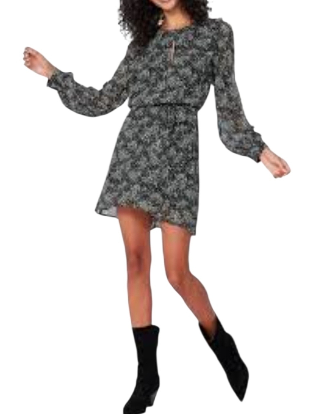 PAIGE Verona 100% Silk Long Sleeve Printed Mini Dress Black/Green Floral Size M